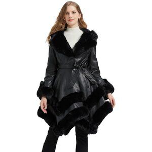 Faux Leather Fur Sexy Collar Parka Coat Dress for Women with Belt and Hood